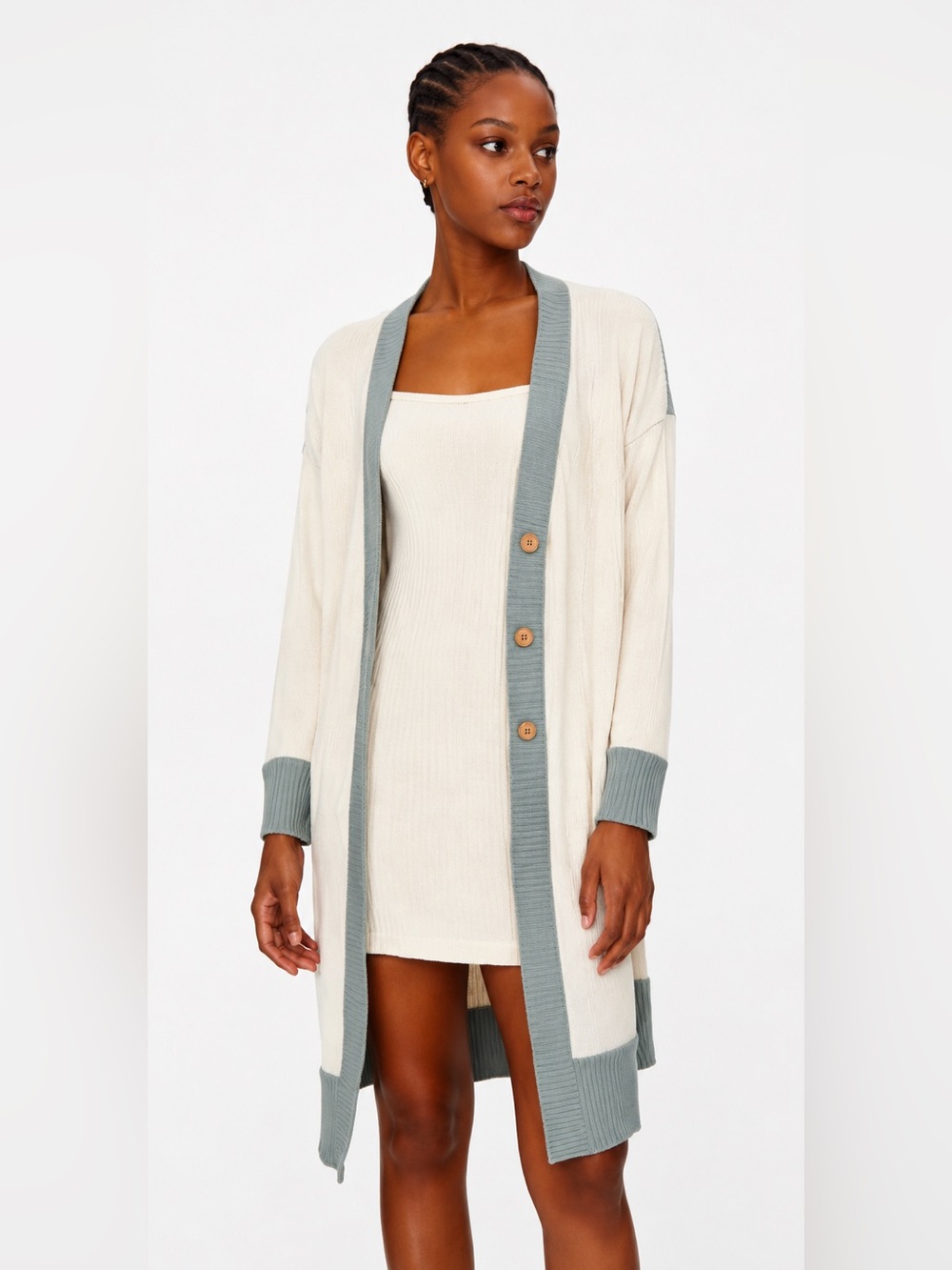 Cardigan beige green long sleeve open front long sweater jacket top